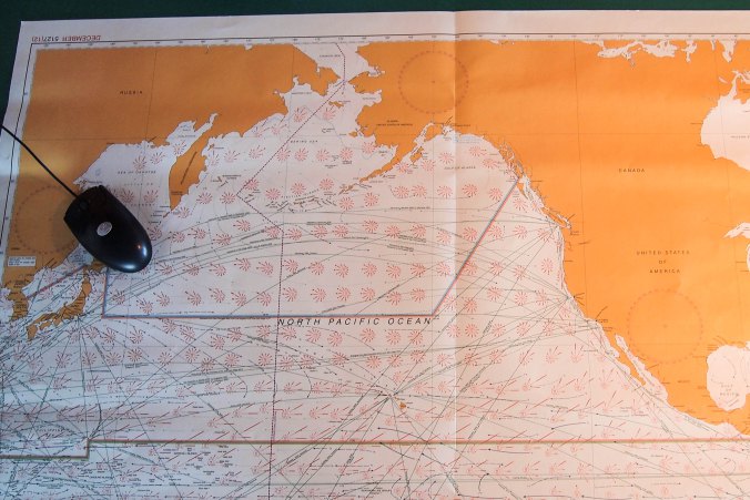 From the captain’s desk: a map depicting the passage we will take across the North Pacific Ocean .